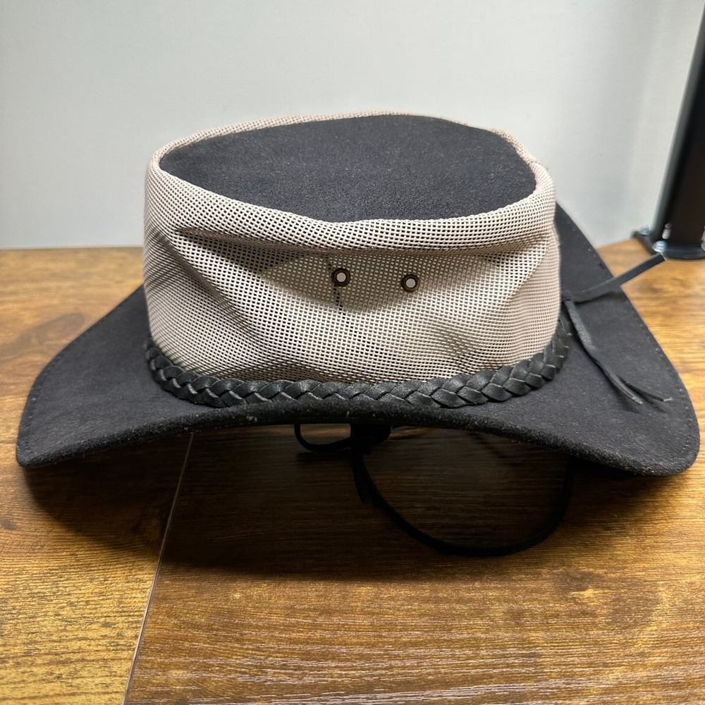 Oztrala Black Leather Mesh Breezer Australian Bush Hat Mens Medium Outback